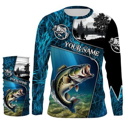 Bass fishing Blue camo UV protection Customize name long sleeves personalized gift for Adult, kid NQS853