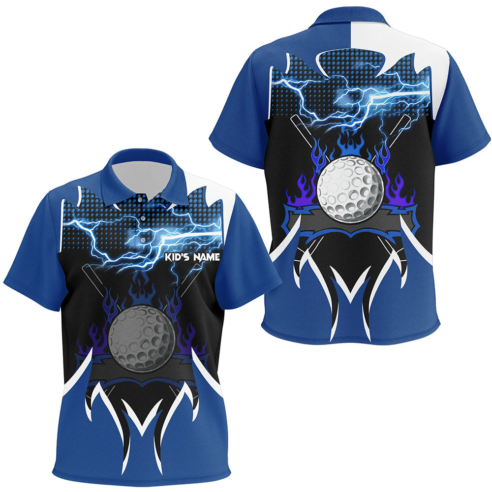 Kid Golf Polo Shirts custom blue lightning thunder flame golf ball team jerseys, Kid golf attire NQS8482