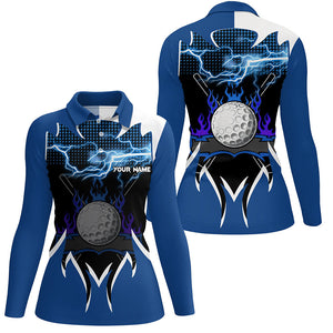 Women Golf Polo Shirt custom blue lightning thunder flame golf ball team jerseys, ladies golf attire NQS8482