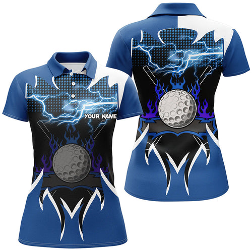 Women Golf Polo Shirt custom blue lightning thunder flame golf ball team jerseys, ladies golf attire NQS8482