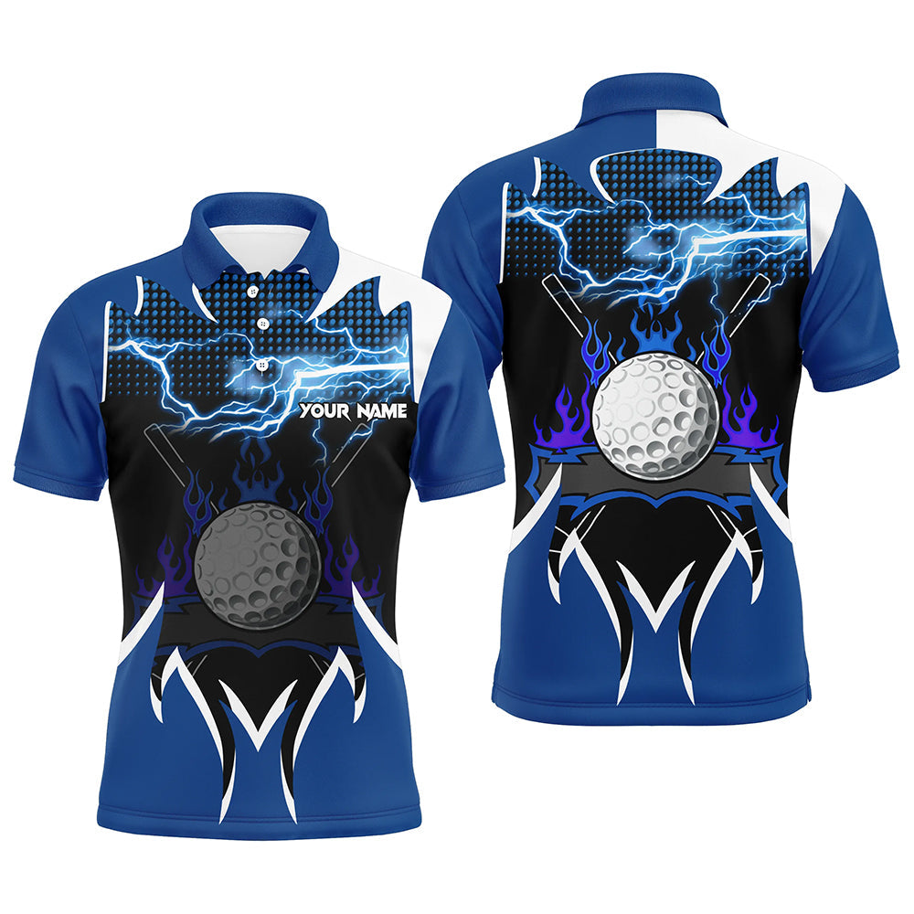 Mens golf polo shirts custom blue lightning thunder flame golf ball team jerseys, golf attire for men NQS8482