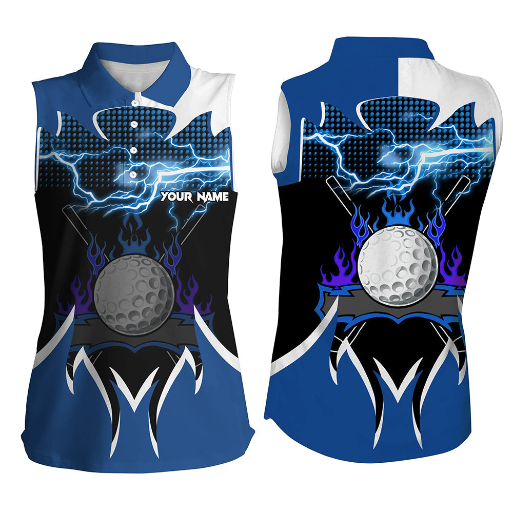 Women Sleeveless polo shirt custom blue lightning thunder flame golf ball team jersey, Kid golf attire NQS8482