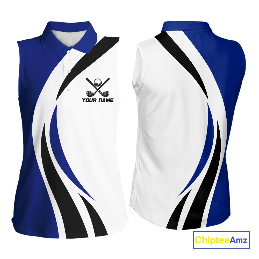 Load image into Gallery viewer, Blue and White Women Sleeveless golf polo shirt Custom golf attire for ladies, gifts for golf lovers NQS10665