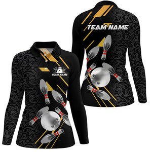 Silver Bowling Ball pins Team bowling shirts for women custom bowling Polo, Quarter zip jersey | Black NQS8732