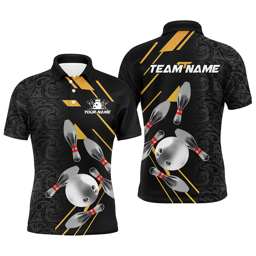 Silver Bowling Ball pins Team bowling shirts for Men custom bowling Polo, Quarter zip jersey | Black NQS8732