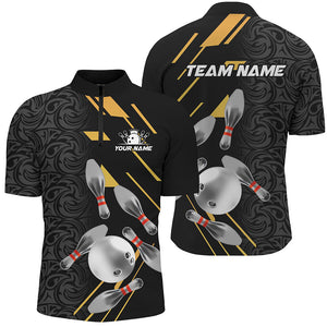 Silver Bowling Ball pins Team bowling shirts for Men custom bowling Polo, Quarter zip jersey | Black NQS8732