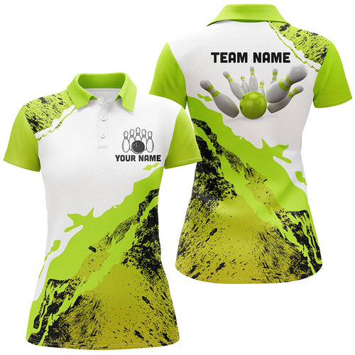 Green grunge Women Bowling shirts Custom Bowling ball and pins Team league Jerseys, gifts for bowlers NQS8945