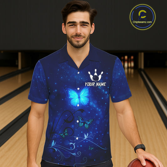 Blue galaxy Butterfly Bowling Hawaiian Shirt Custom Butterfly Team bowling button up shirt NQS11268
