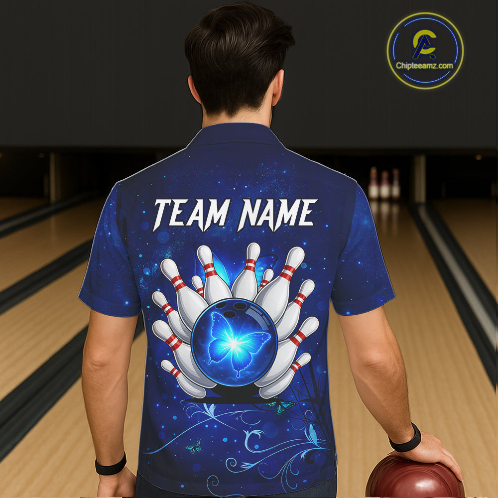 Blue galaxy Butterfly Bowling Hawaiian Shirt Custom Butterfly Team bowling button up shirt NQS11268