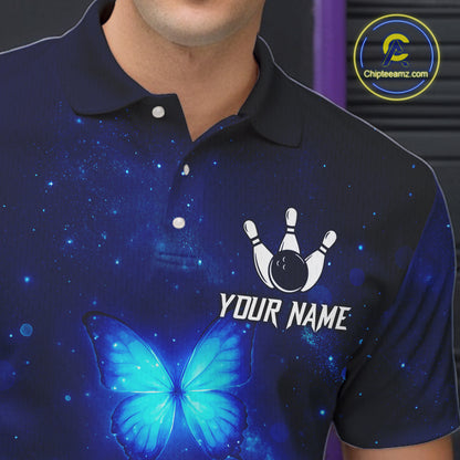 Blue galaxy Butterfly Bowling Polo, Quarter Zip shirts For men Custom Butterfly Team bowling jersey NQS11268