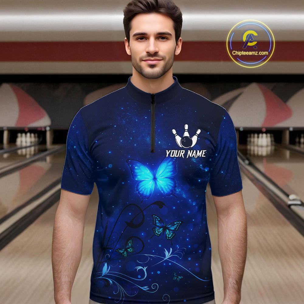 Blue galaxy Butterfly Bowling Polo, Quarter Zip shirts For men Custom Butterfly Team bowling jersey NQS11268