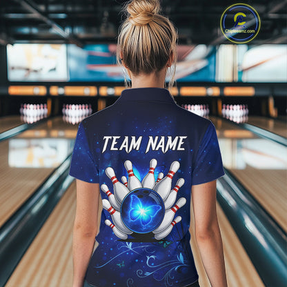 Blue galaxy Butterfly Bowling Polo, Quarter Zip shirts For Women Custom Butterfly Team bowling jersey NQS11268