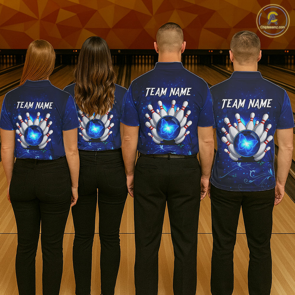 Blue galaxy Butterfly Bowling Polo, Quarter Zip shirts For Women Custom Butterfly Team bowling jersey NQS11268