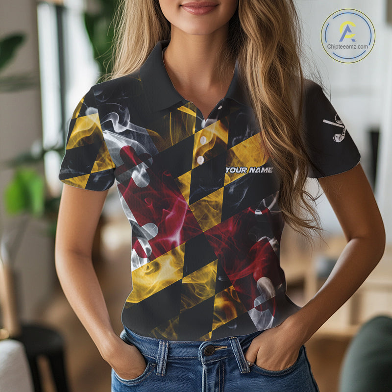 Smoke Maryland Flag Black Golf Polo shirts for Women Custom patriotic Team Ladies Golf Outfit NQS11467