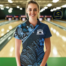 Load image into Gallery viewer, Black and Blue tribal pattern Bowling Polo, 1/4 zip Shirts For Women Custom Team Bowling Jerseys NQS11468