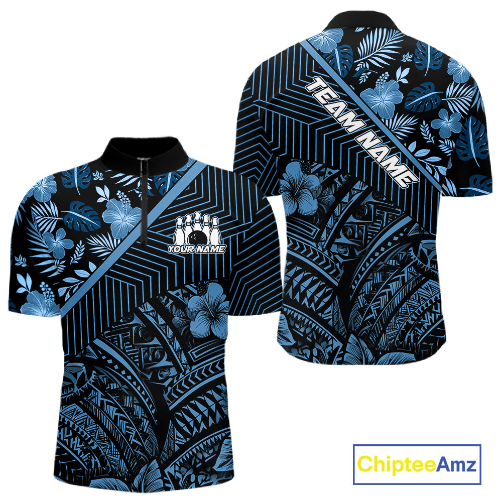 Black and Blue tribal pattern Bowling Polo, 1/4 zip Shirts For Men Custom Team Bowling Jerseys NQS11468