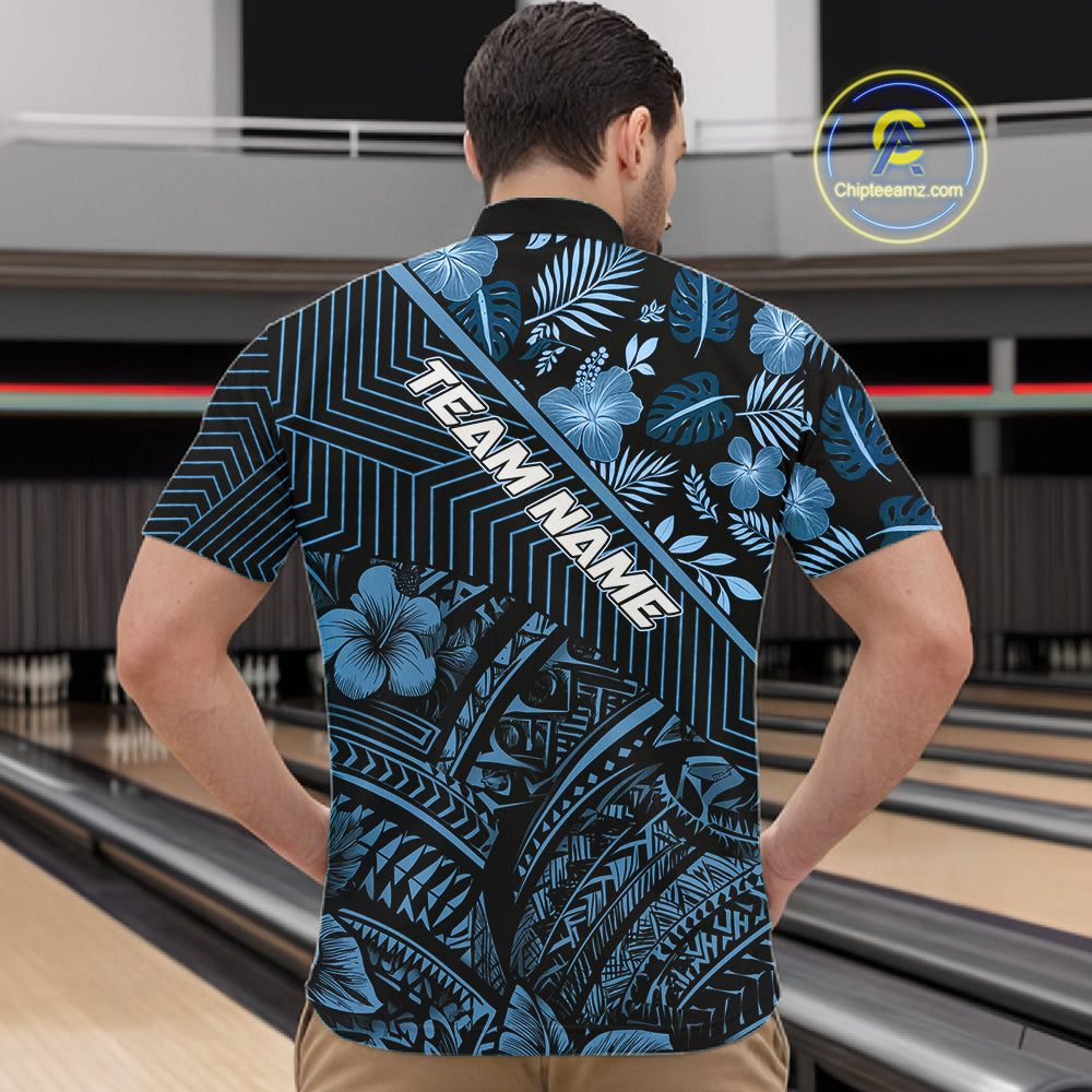 Black and Blue tribal pattern Bowling Polo, 1/4 zip Shirts For Men Custom Team Bowling Jerseys NQS11468