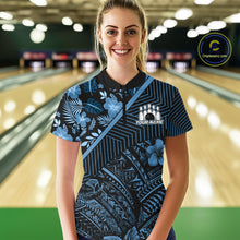 Load image into Gallery viewer, Black and Blue tribal pattern Bowling Polo, 1/4 zip Shirts For Women Custom Team Bowling Jerseys NQS11468