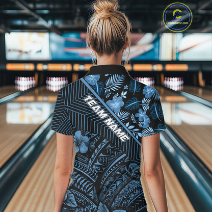 Black and Blue tribal pattern Bowling Polo, 1/4 zip Shirts For Women Custom Team Bowling Jerseys NQS11468