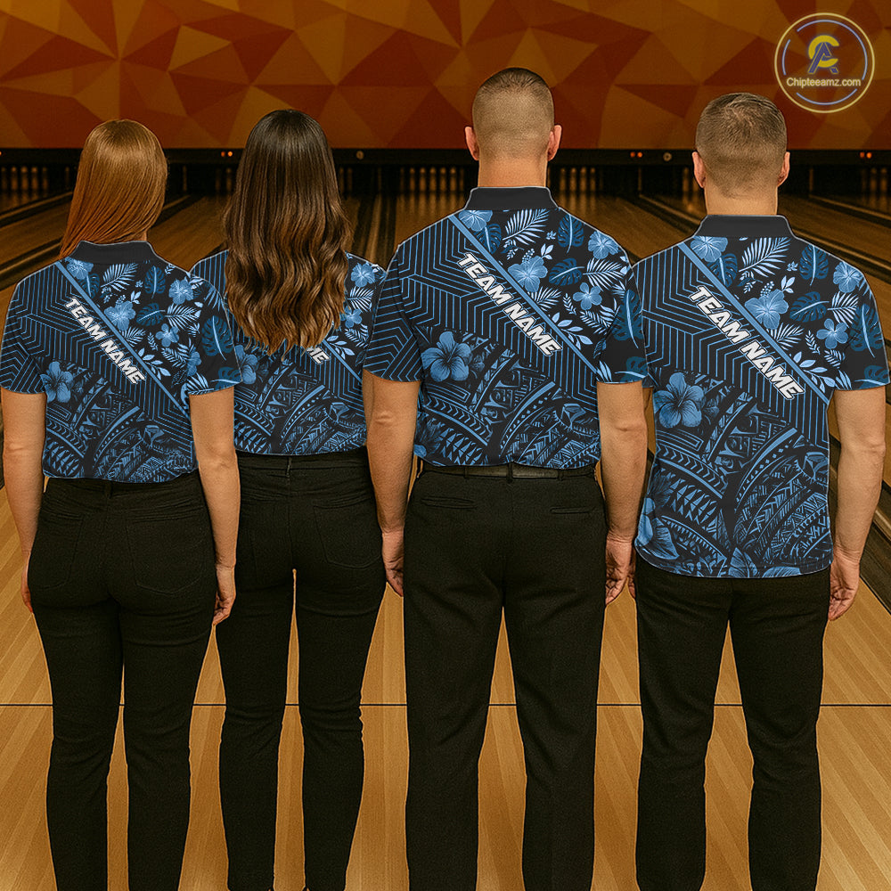 Black and Blue tribal pattern Bowling Polo, 1/4 zip Shirts For Women Custom Team Bowling Jerseys NQS11468