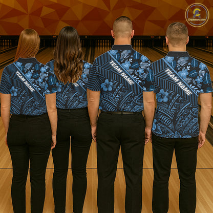 Black and Blue tribal pattern Bowling Polo, 1/4 zip Shirts For Women Custom Team Bowling Jerseys NQS11468