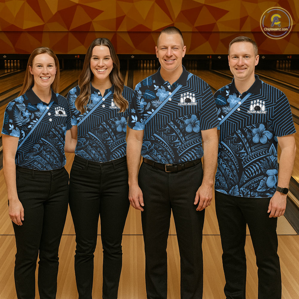 Black and Blue tribal pattern Bowling Polo, 1/4 zip Shirts For Women Custom Team Bowling Jerseys NQS11468
