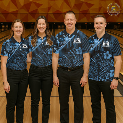 Black and Blue tribal pattern Bowling Polo, 1/4 zip Shirts For Women Custom Team Bowling Jerseys NQS11468