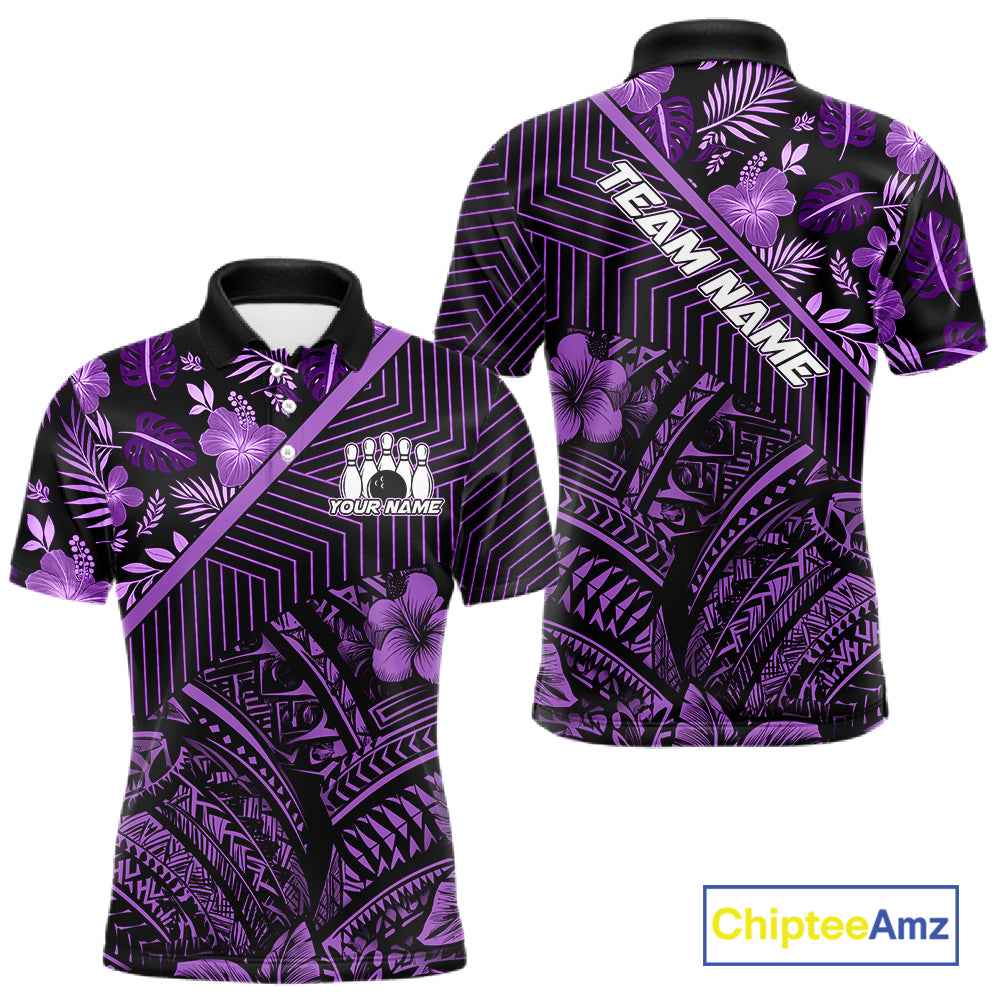 Black and Purple tribal pattern Bowling Polo, 1/4 zip Shirts For Men Custom Team Bowling Jerseys NQS11470