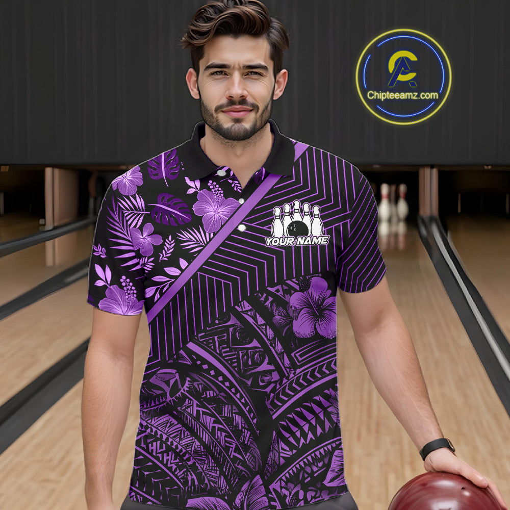 Black and Purple tribal pattern Bowling Polo, 1/4 zip Shirts For Men Custom Team Bowling Jerseys NQS11470