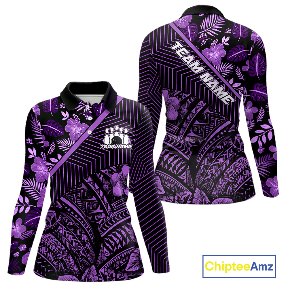 Black and Purple tribal pattern Bowling Polo, 1/4 zip Shirts For Women Custom Team Bowling Jerseys NQS11470