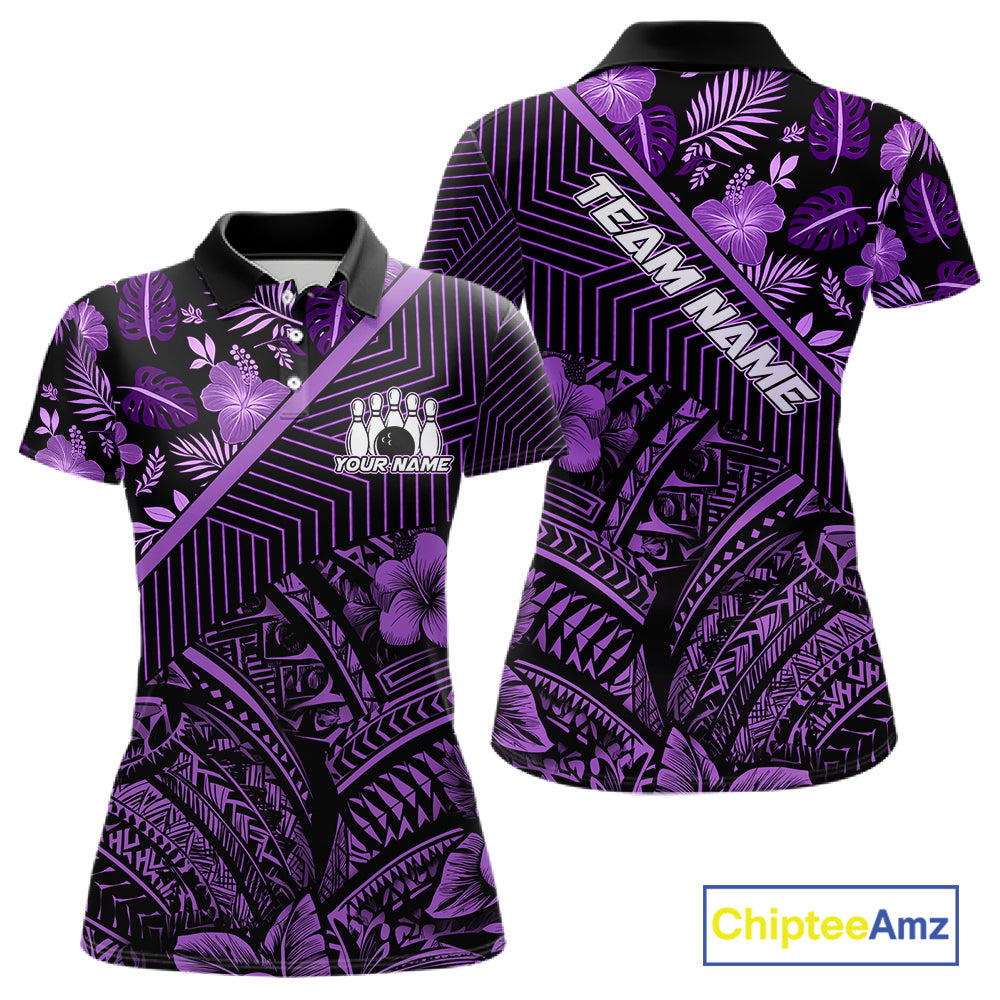 Black and Purple tribal pattern Bowling Polo, 1/4 zip Shirts For Women Custom Team Bowling Jerseys NQS11470