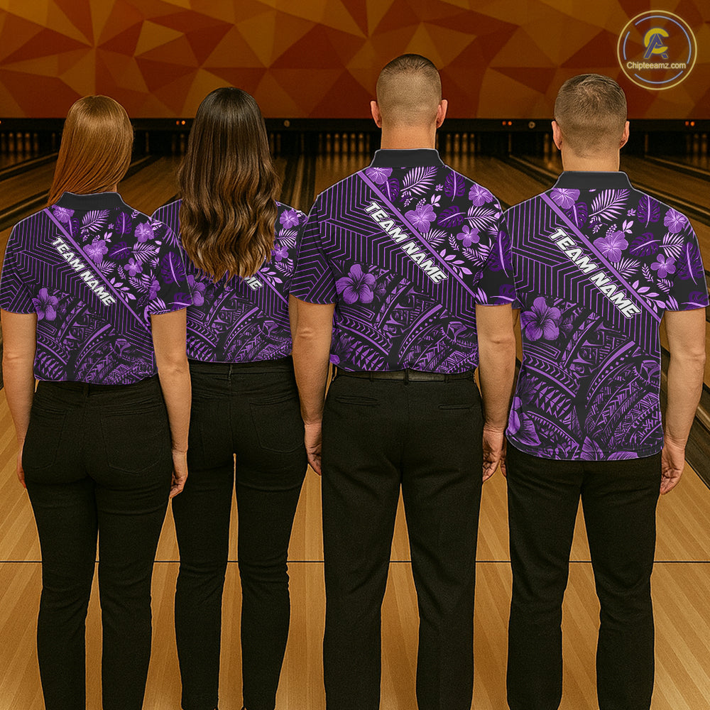 Black and Purple tribal pattern Bowling Polo, 1/4 zip Shirts For Men Custom Team Bowling Jerseys NQS11470