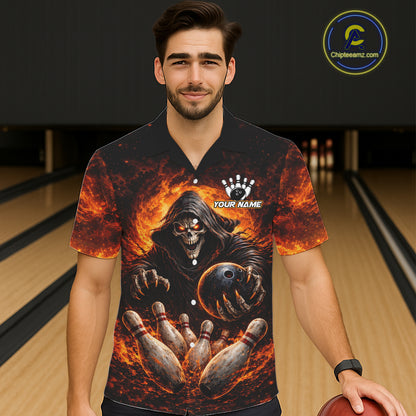 Personalized Skull Hawaiian Bowling Jerseys Custom Black and Orange Bowling Team button up shirt NQS11474