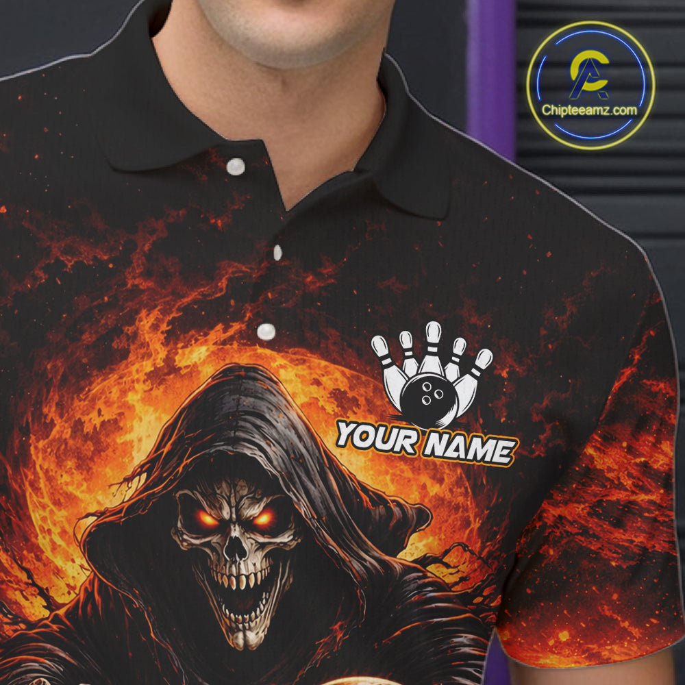 Personalized Skull Bowling Polo, 1/4 zip Jerseys for Men Custom Black and Orange Bowling Team shirts NQS11474