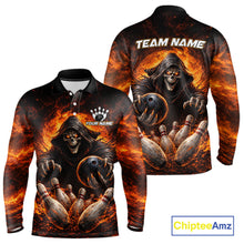 Load image into Gallery viewer, Personalized Skull Bowling Polo, 1/4 zip Jerseys for Men Custom Black and Orange Bowling Team shirts NQS11474