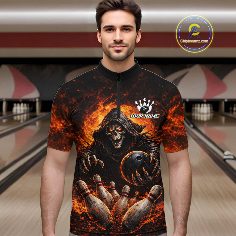 Personalized Skull Bowling Polo, 1/4 zip Jerseys for Men Custom Black and Orange Bowling Team shirts NQS11474