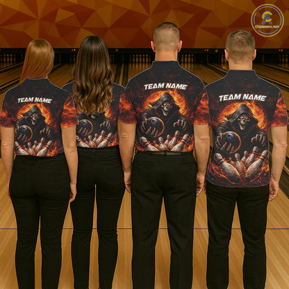 Personalized Skull Bowling Polo, 1/4 zip Jerseys for Women Custom Black and Orange Bowling Team shirt NQS11474