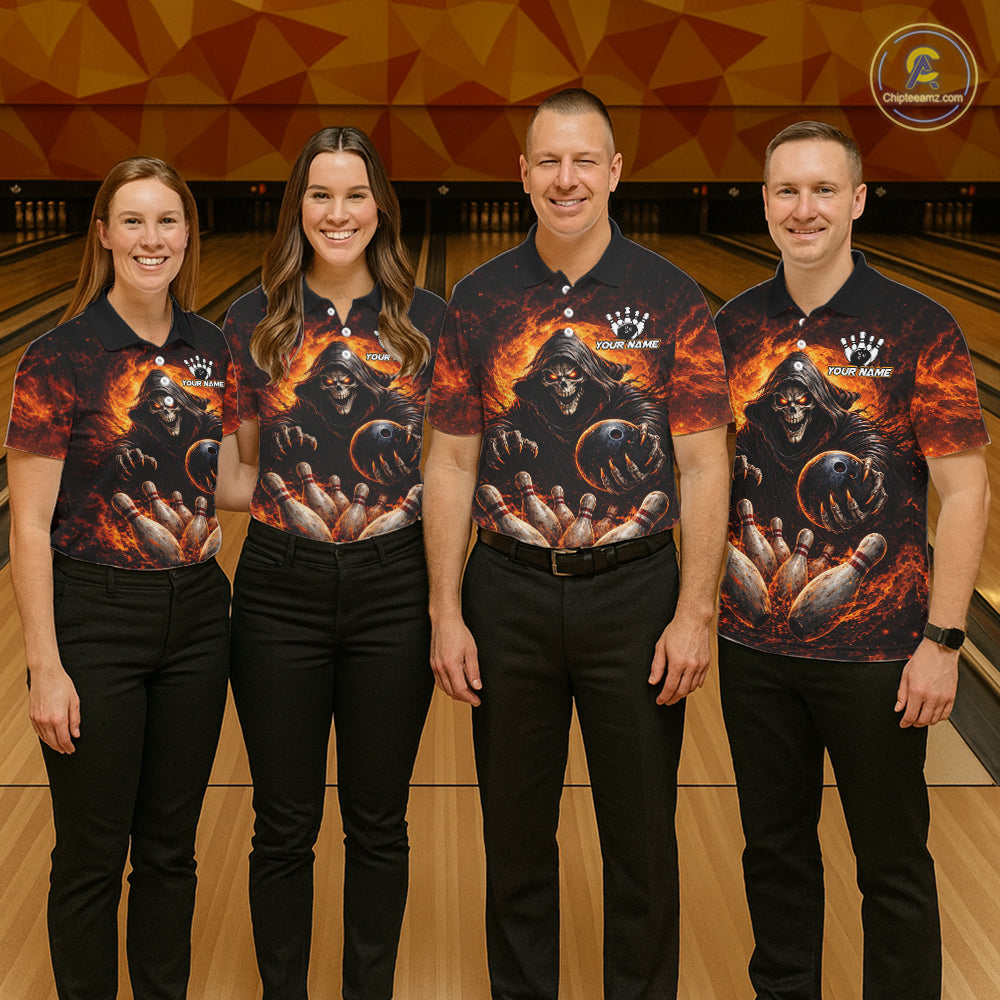 Personalized Skull Bowling Polo, 1/4 zip Jerseys for Women Custom Black and Orange Bowling Team shirt NQS11474