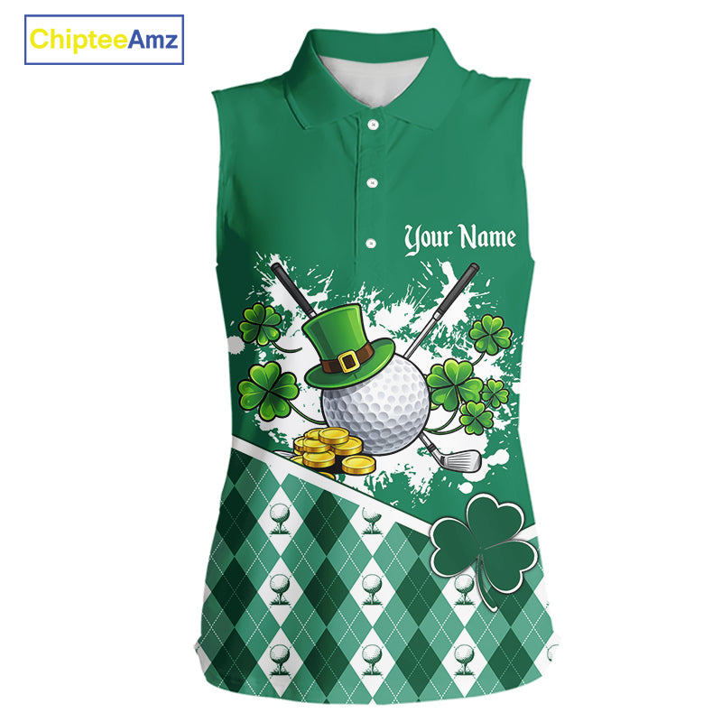 Green argyle pattern St Patrick Sleeveless Golf Polo Golf shirt for Women Custom gifts for the golfer NQS11476