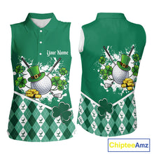 Load image into Gallery viewer, Green argyle pattern St Patrick Sleeveless Golf Polo Golf shirt for Women Custom gifts for the golfer NQS11476