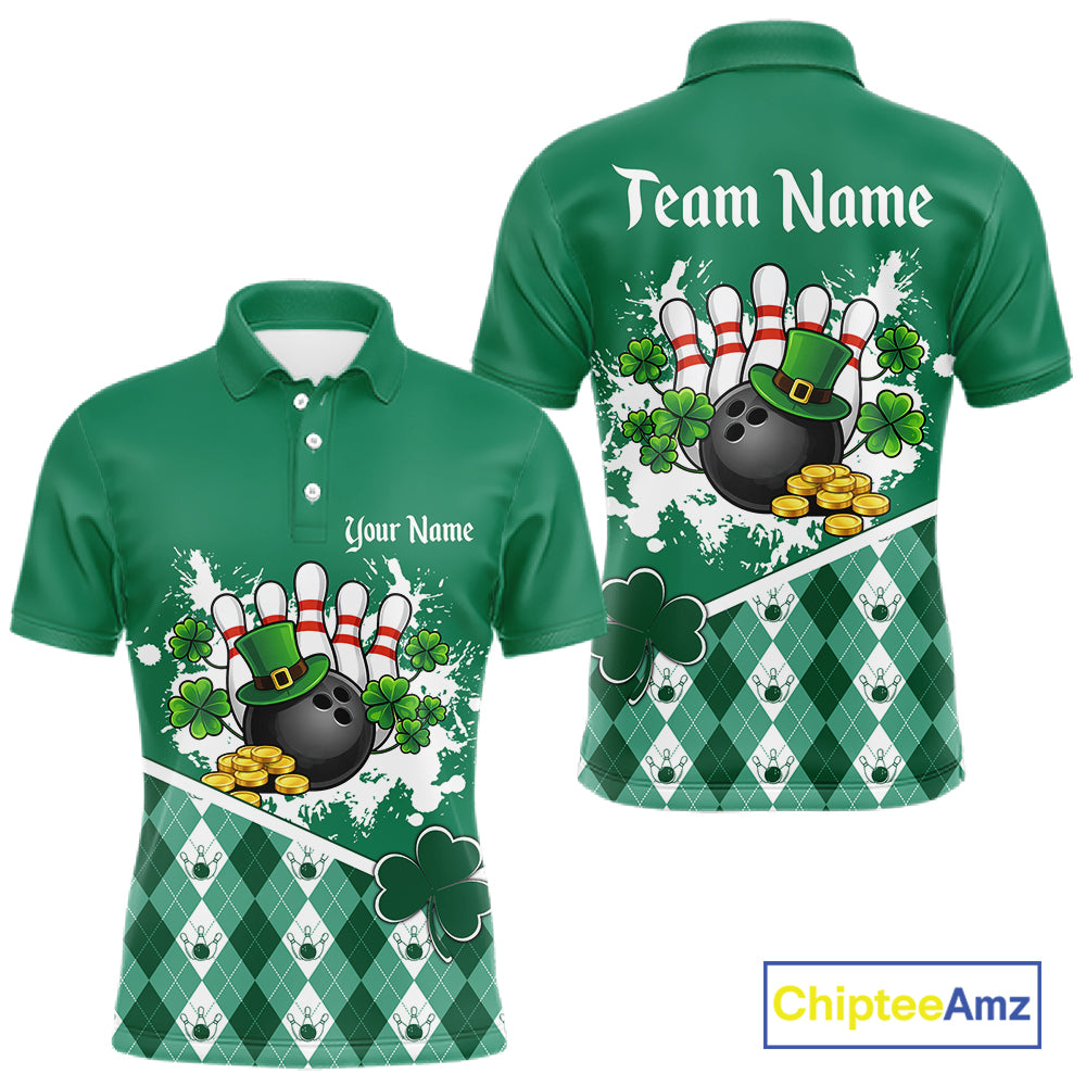 Green argyle pattern St Patrick Bowling Polo, 1/4 zip shirts for Men Custom team bowling jerseys NQS11477