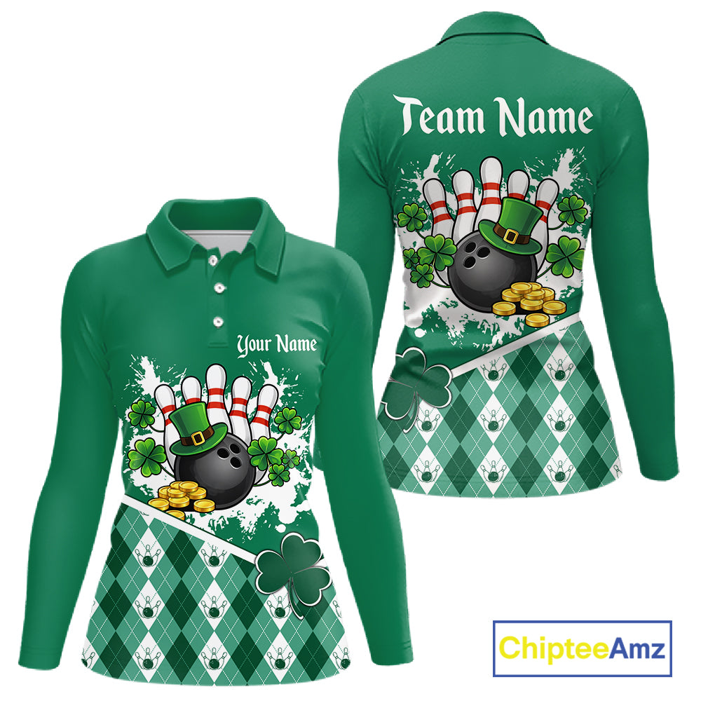 Green argyle pattern St Patrick Bowling Polo, 1/4 zip shirts for Women Custom team bowling jerseys NQS11477