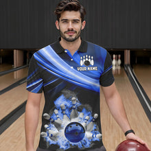 Load image into Gallery viewer, Personalized Black and Blue Smoke Flame Bowling Polo, 1/4 Zip Shirts For Men, cool bowling jerseys NQS9543
