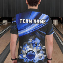 Load image into Gallery viewer, Personalized Black and Blue Smoke Flame Bowling Polo, 1/4 Zip Shirts For Men, cool bowling jerseys NQS9543