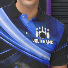 Load image into Gallery viewer, Personalized Black and Blue Smoke Flame Bowling Polo, 1/4 Zip Shirts For Men, cool bowling jerseys NQS9543