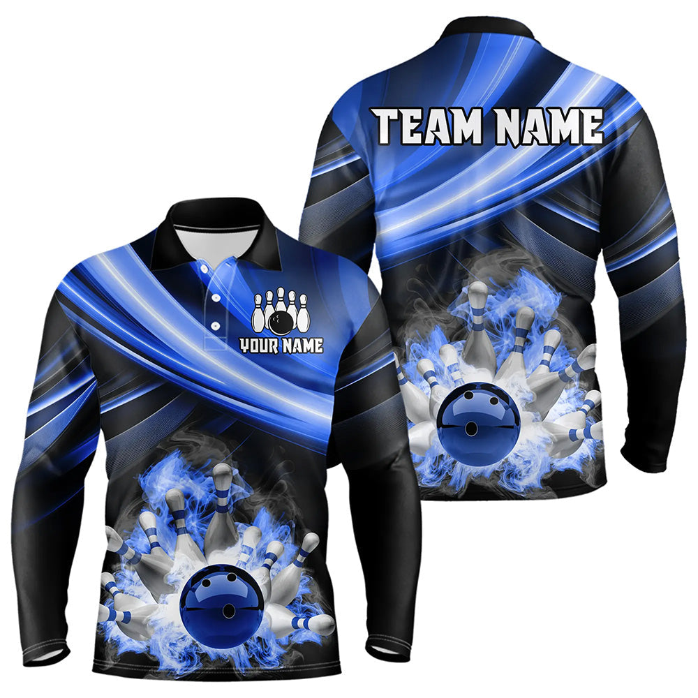 Personalized Black and Blue Smoke Flame Bowling Polo, 1/4 Zip Shirts For Men, cool bowling jerseys NQS9543