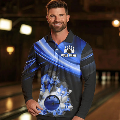 Personalized Black and Blue Smoke Flame Bowling Polo, 1/4 Zip Shirts For Men, cool bowling jerseys NQS9543