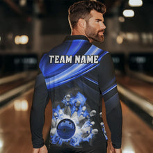 Load image into Gallery viewer, Personalized Black and Blue Smoke Flame Bowling Polo, 1/4 Zip Shirts For Men, cool bowling jerseys NQS9543