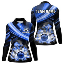 Load image into Gallery viewer, Personalized Black and Blue Smoke Flame Bowling Polo, 1/4 Zip Shirts For Women, cool bowling jerseys NQS9543