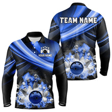 Load image into Gallery viewer, Personalized Black and Blue Smoke Flame Bowling Polo, 1/4 Zip Shirts For Men, cool bowling jerseys NQS9543